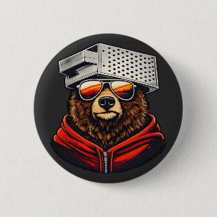 Badge Rond 5 Cm Ours rétro avec un chapeau râpe à fromage et des l