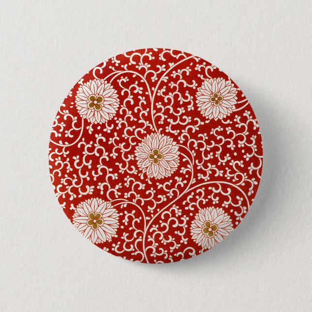 Badge Rond 5 Cm Owen Jones Ornement Chinois Fleurs Rouges et Blanc (Devant)