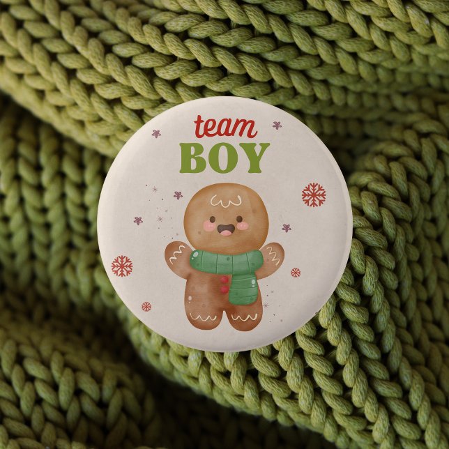 Badge Rond 5 Cm Pain d'épices Noël Genre Reveillez Équipe Garçon V (Team boy - Christmas gender reveal voting button pin)