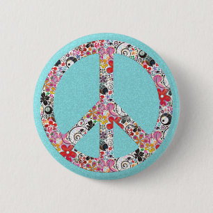 Badge Rond 5 Cm Paix de l'énergie des fleurs I   cyan splatter