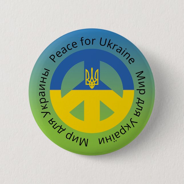 Badge Rond 5 Cm Paix pour l'Ukraine en anglais ukrainien et russe (Devant)