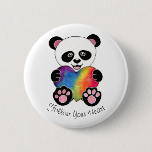 Badge Rond 5 Cm Panda Aquarelle Cute Avec Coeur Arc En Ciel