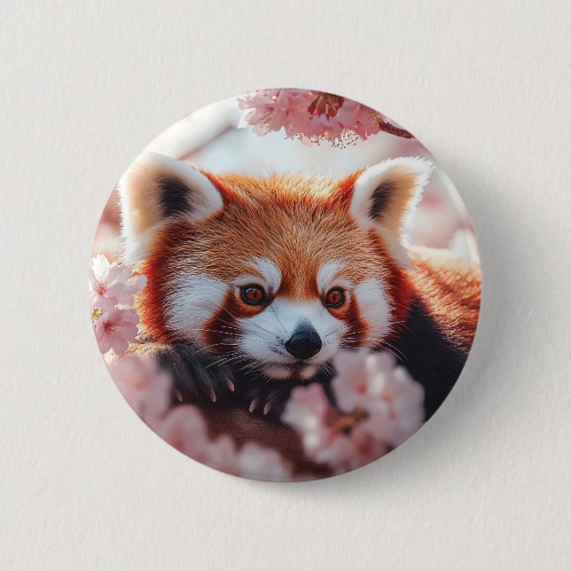 Badge Rond 5 Cm Panda Rouge Parmi Les Fleurs De Cerisiers (Devant)