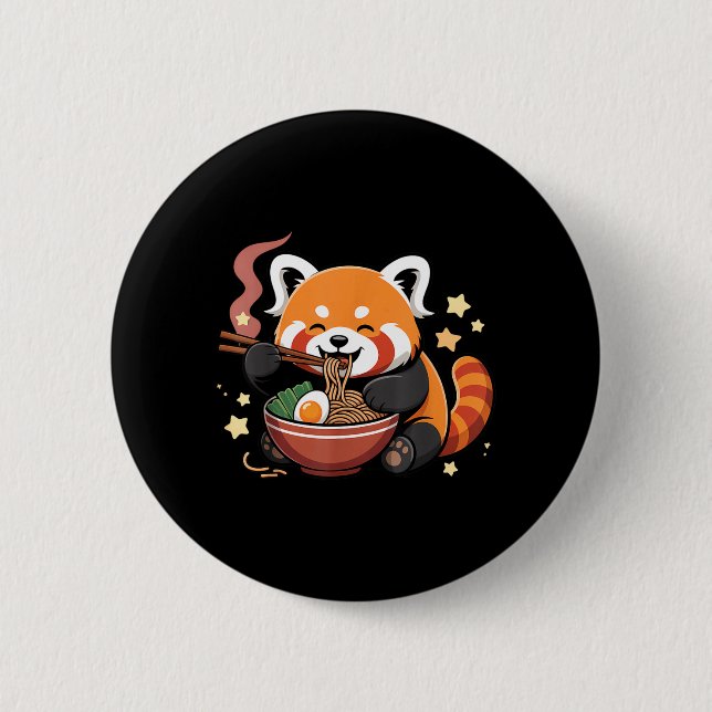 Badge Rond 5 Cm Panda roux mangeant des nouilles Ramen (Devant)