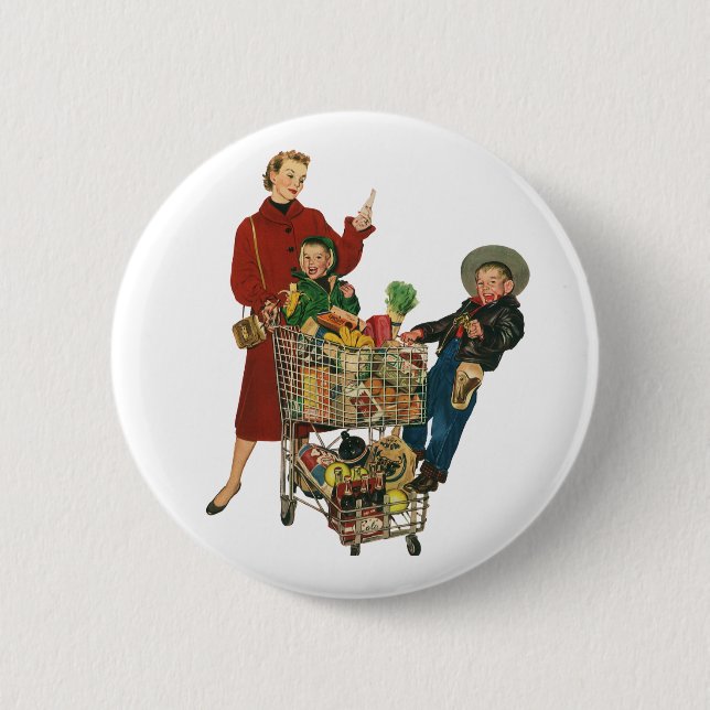 Badge Rond 5 Cm Panier d'épicerie Retro Family, Mom and Kids (Devant)
