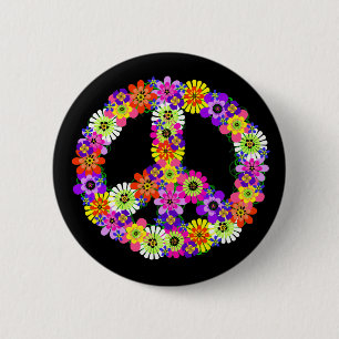 Badge Rond 5 Cm Panneau de paix Floral sur noir