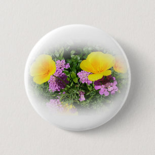 Badge Rond 5 Cm panneaux jaunes et fleurs de jardin pourpres