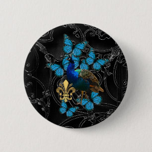 Badge Rond 5 Cm Paon élégant et papillons bleus sur le noir