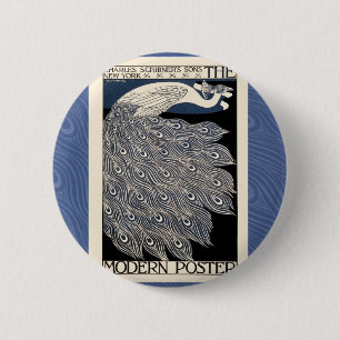 Badge Rond 5 Cm paon, illustration vintage oiseau bleu