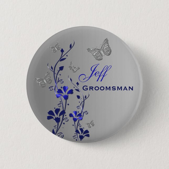 Badge Rond 5 Cm Papillon bleu et argenté Pinceau de Groomsman Flor (Devant)