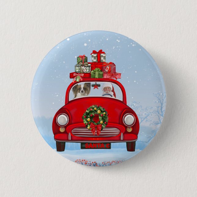 Badge Rond 5 Cm Papillon Chien En Voiture Avec Le Père Noël (Devant)