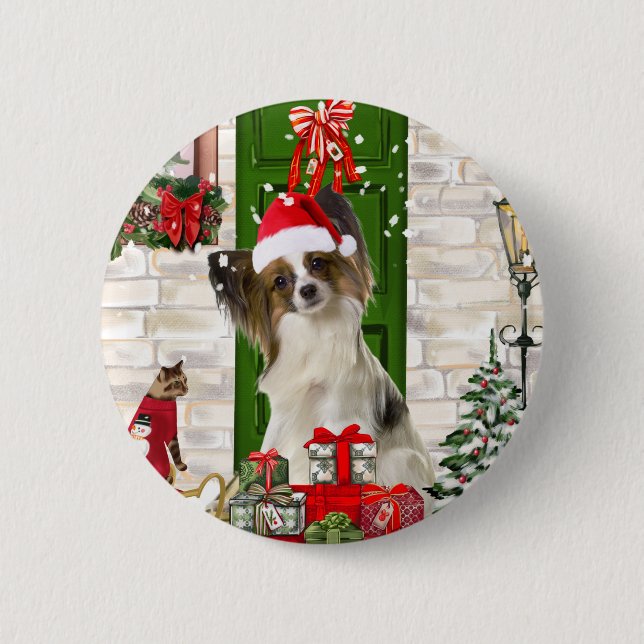 Badge Rond 5 Cm Papillon Chien Noël (Devant)