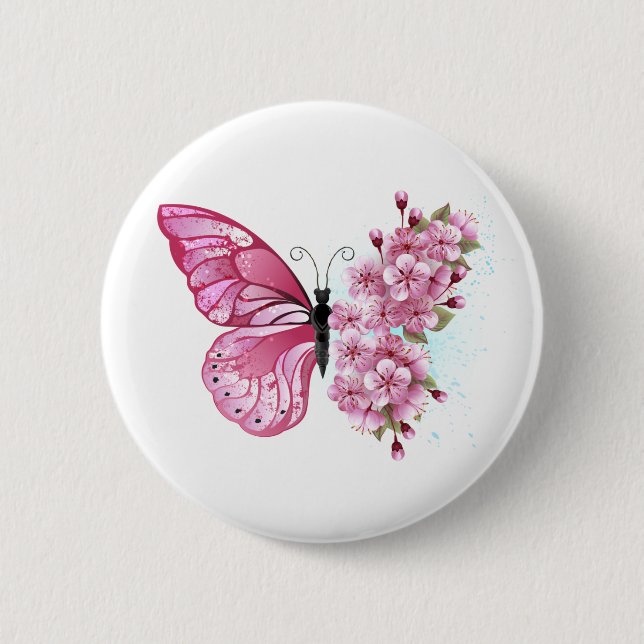 Badge Rond 5 Cm Papillon de fleurs avec Sakura rose (Devant)
