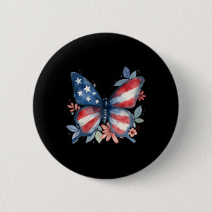 Badge Rond 5 Cm Papillon Floral Drapeau Américain Usa 4 Juillet Fi
