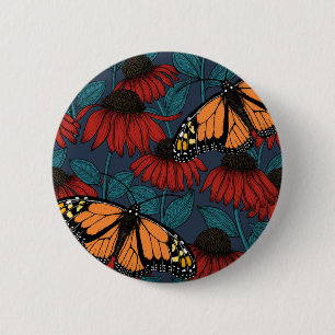 Badge Rond 5 Cm Papillon monarque sur des fleurs rouges