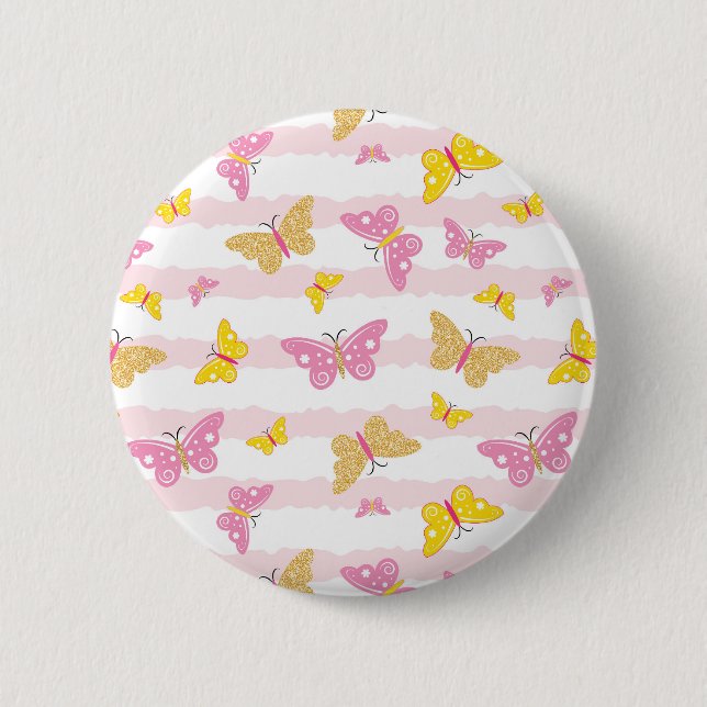 Badge Rond 5 Cm Papillon rose et or (Devant)
