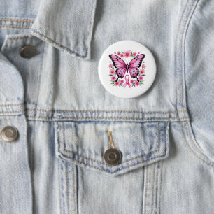 Badge Rond 5 Cm Papillon Ruban Rose Sensibilisation au Cancer du S