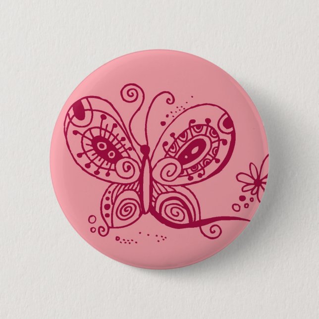 Badge Rond 5 Cm Papillon sur le bouton rose (Devant)
