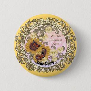 Badge Rond 5 Cm Papillon Tournesol Maman