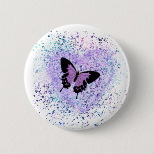 Badge Rond 5 Cm Papillon violet et bouton de peinture