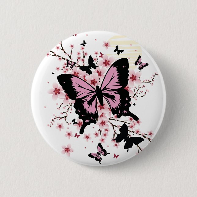 Badge Rond 5 Cm Papillons aux fleurs de cerisier (Devant)