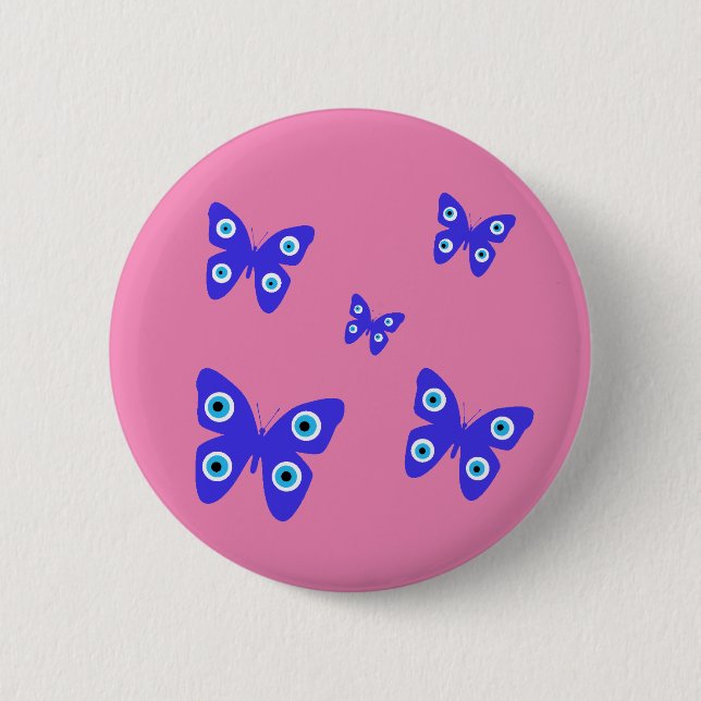 Badge Rond 5 Cm Papillons bleus mal oeil avec Arrière - plan rose (Devant)
