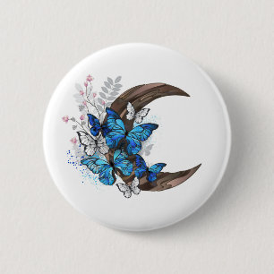 Badge Rond 5 Cm Papillons bleus sur croissant en bois