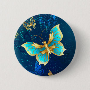 Badge Rond 5 Cm Papillons d'or sur un Arrière - plan bleu