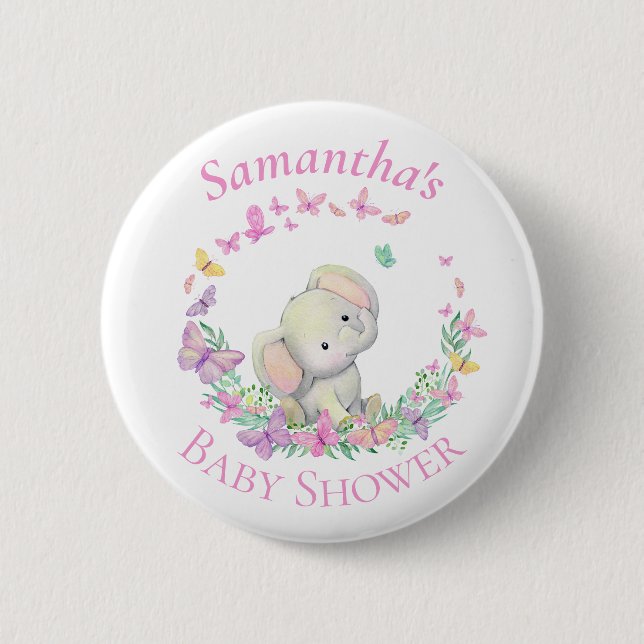 Badge Rond 5 Cm Papillons éléphants Baby shower rose (Devant)