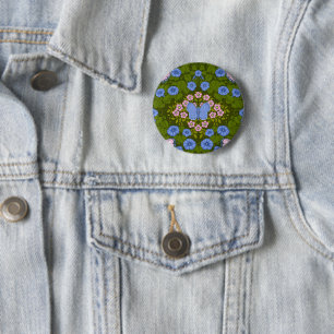 Badge Rond 5 Cm Papillons et symétrie des fleurs, bleu et rose