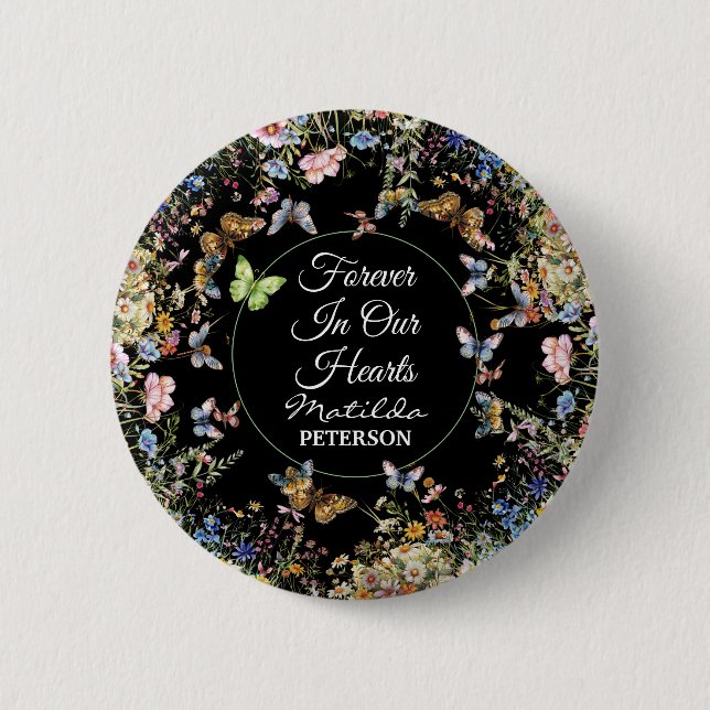 Badge Rond 5 Cm Papillons fleur sauvage Verdure Funérailles (Devant)