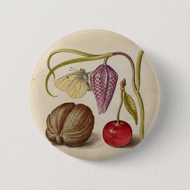 Badge Rond 5 Cm Papillons noix Fleur Cerisier Aquarelle Art (Devant)