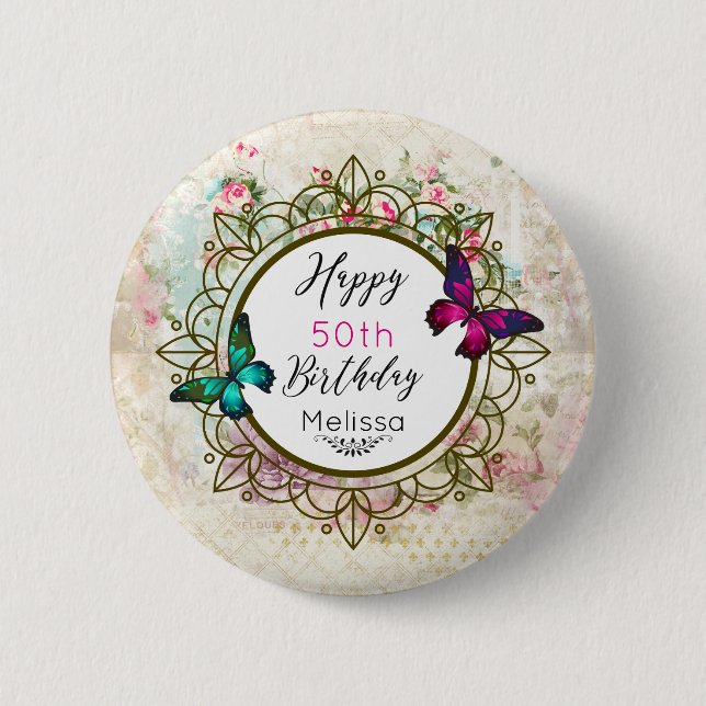 Badge Rond 5 Cm Papillons sur un collage Vintage Shabby Anniversai (Devant)