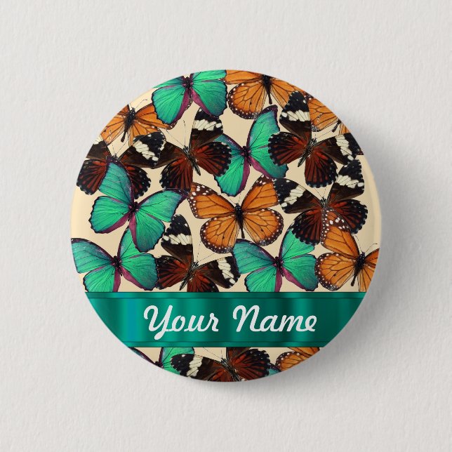 Badge Rond 5 Cm Papillons verts et oranges (Devant)