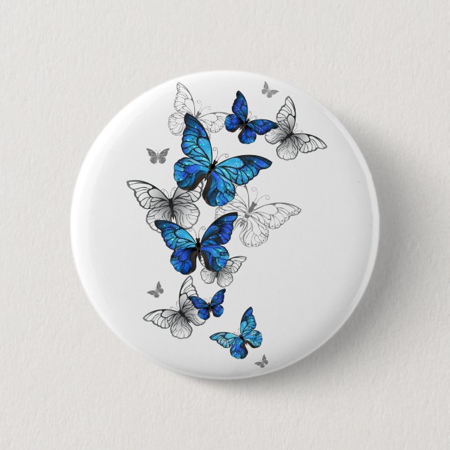 Badge Rond 5 Cm Papillons volants bleus Morpho (Devant)