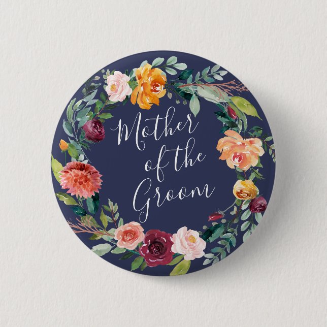 Badge Rond 5 Cm Paprika Bourgogne Floral Mère du Marié Bouton (Devant)
