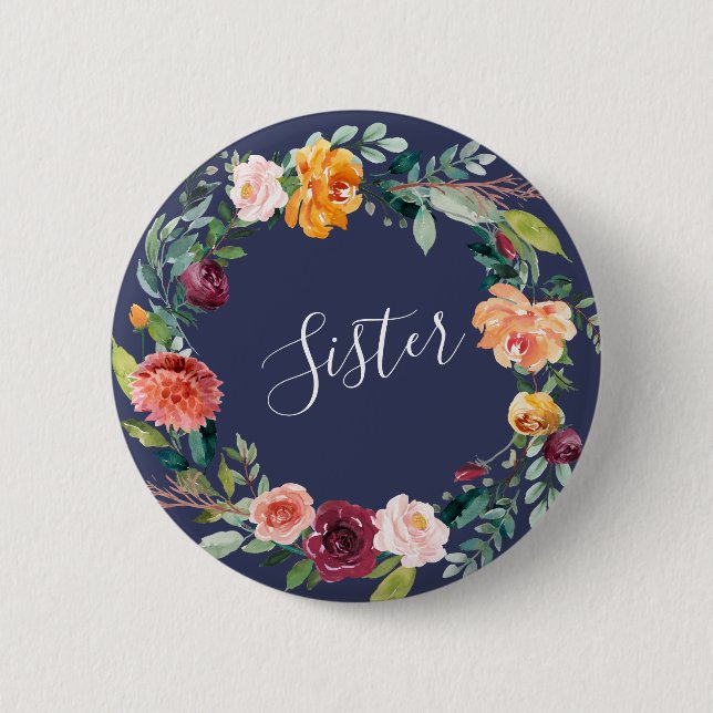 Badge Rond 5 Cm Paprika Bourgogne Floral Sister Girl Bouton (Devant)