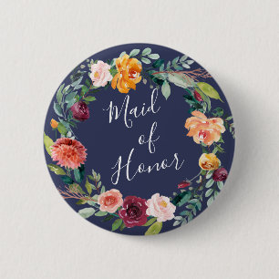 Badge Rond 5 Cm Paprika Burgundy Floral Demoiselle d'Honneur Bouto