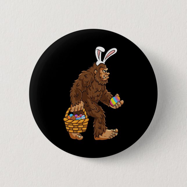 Badge Rond 5 Cm Pâques Bigfoot Avec Panier Oeufs Fun Boys Enfants  (Devant)