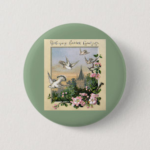 Badge Rond 5 Cm Pâques vintage, colombes blanches et fleurs