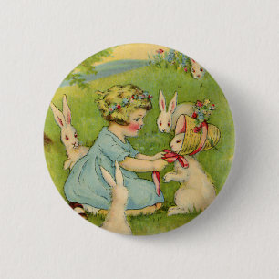 Badge Rond 5 Cm Pâques vintages, Bonnet fille sur lapin lapin