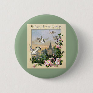 Badge Rond 5 Cm Pâques vintages, oiseaux de colombe blanche et fle
