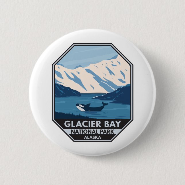 Badge Rond 5 Cm Parc national de Glacier Bay Alaska Orca Art Vinta (Devant)