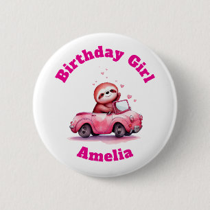 Badge Rond 5 Cm Paresseux conduisant une décapotable rose pour la