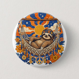 Badge Rond 5 Cm Paresseux Psycho-Pop Rétro dans un Hamac