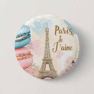 Badge Rond 5 Cm Paris, Je T'aime - Tour Eiffel avec Macarons