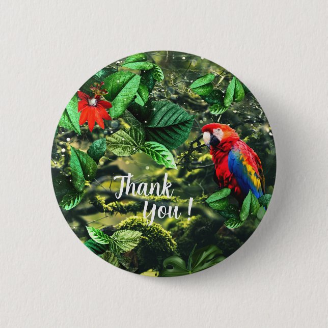 Badge Rond 5 Cm Parrot écarlate macaw dans la jungle avec des fleu (Devant)