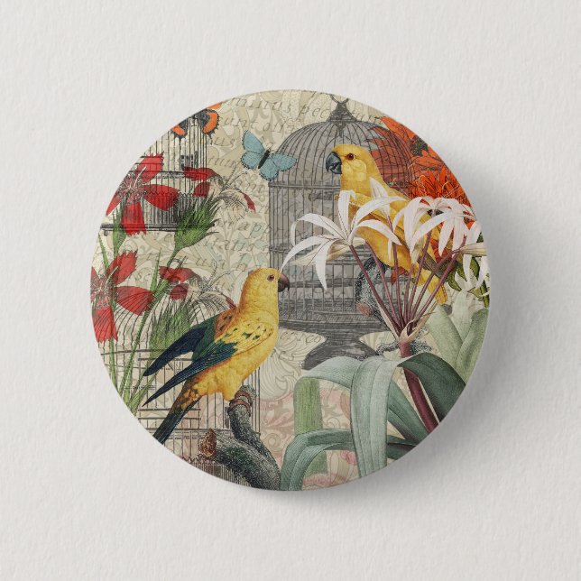 Badge Rond 5 Cm Parrot Jaune Tropical Antique Fleur (Devant)