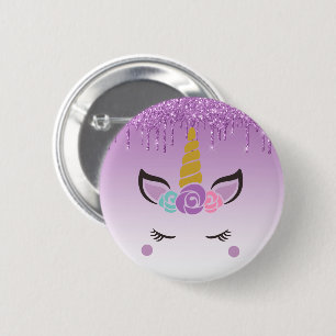 Badge Rond 5 Cm Parties scintillant à goutte violette Unicorne flo
