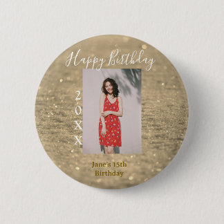 Badge Rond 5 Cm Parties scintillant d'or heureux 15e anniversaire